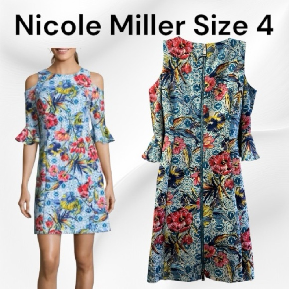 Nicole Miller Floral Cold Shoulder Sheath Dress Size 4 - Picture 2 of 4